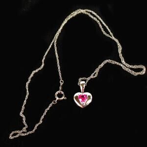 925 Sterling Silver 18" Chain Necklace w/ Pink October Birthstone Heart Pendant
